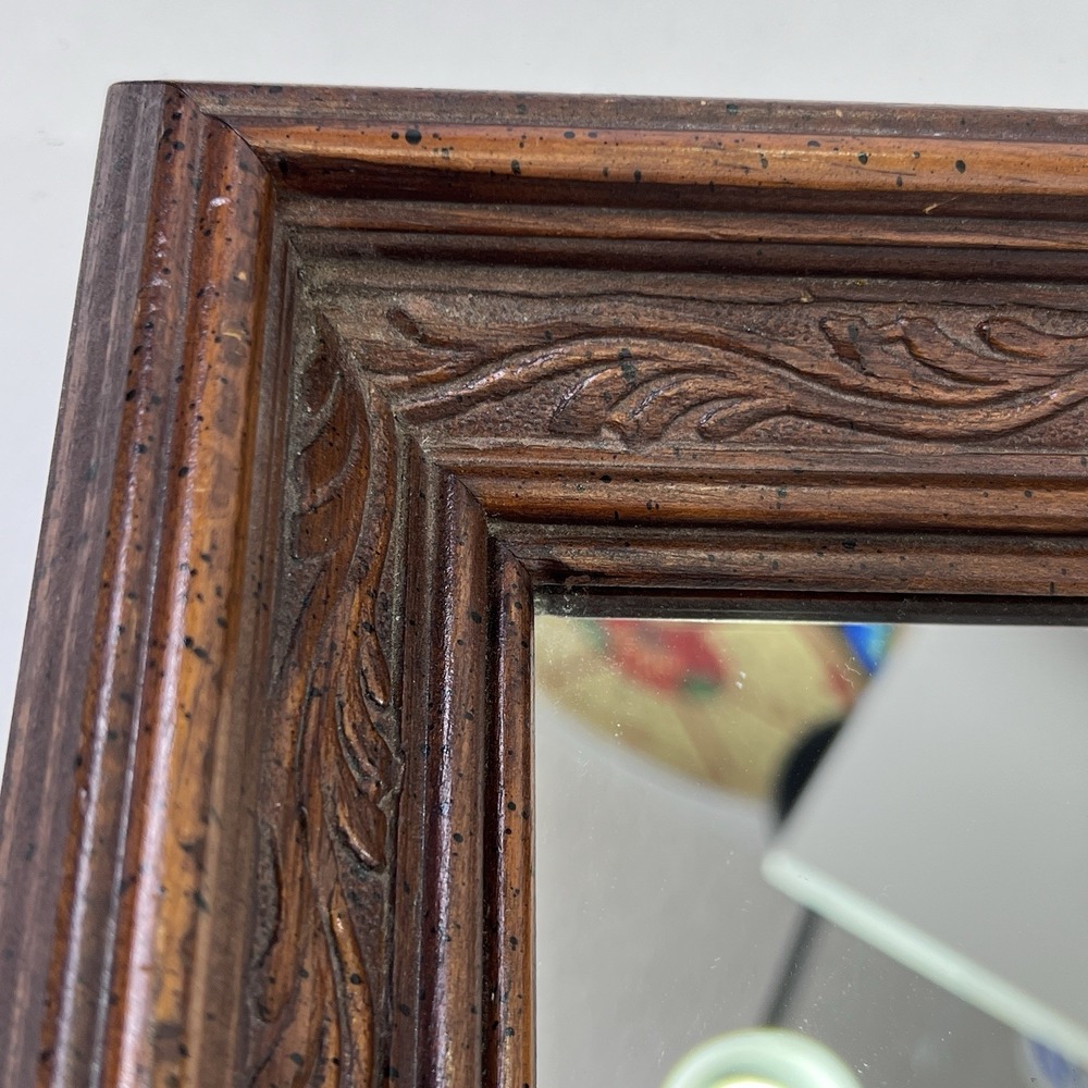 Carved Wood Square Wall Mirror 8x8 Brown Frame Diamond Hang Option - Picture 8 of 13